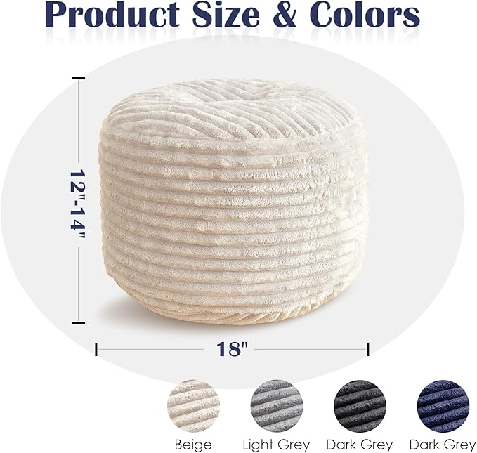 SHOUREN Stuffed Round Pouf Ottoman,Corduroy Foot Rest with Shredded Foam Filling, Lightweight and Fluffy Pouf Storage Ottoman for Living Room,Floor Poufs for Couch,18"x 14", Beige