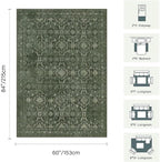 5x7 Area Rugs for Living Room Bedroom, Washable Rug, Green Vintage Floral Boho Rug, Non Slip & Low Pile Faux Wool Thin Carpet for Indoor Dining Room and Kids Room(Green 5x7ft)