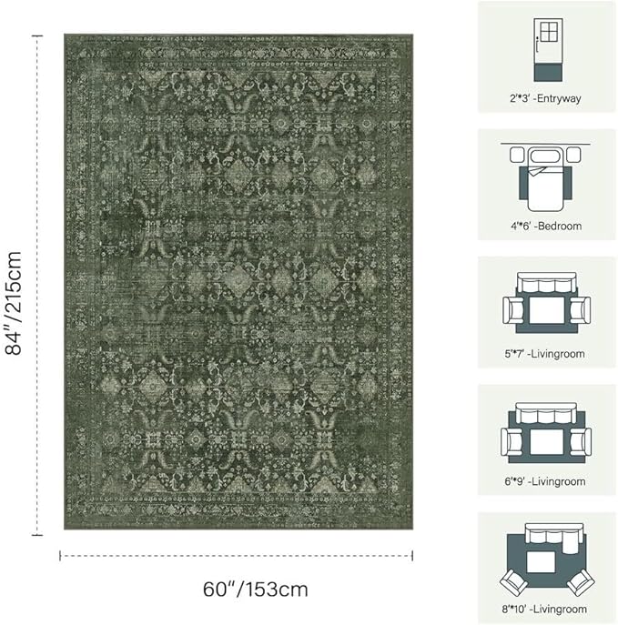 5x7 Area Rugs for Living Room Bedroom, Washable Rug, Green Vintage Floral Boho Rug, Non Slip & Low Pile Faux Wool Thin Carpet for Indoor Dining Room and Kids Room(Green 5x7ft)