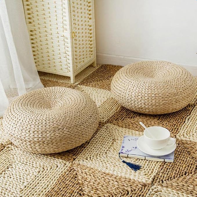 Knitted Straw Flat Seat Cushion, 15.7inch Round Pouf Tatami Cushion Floor