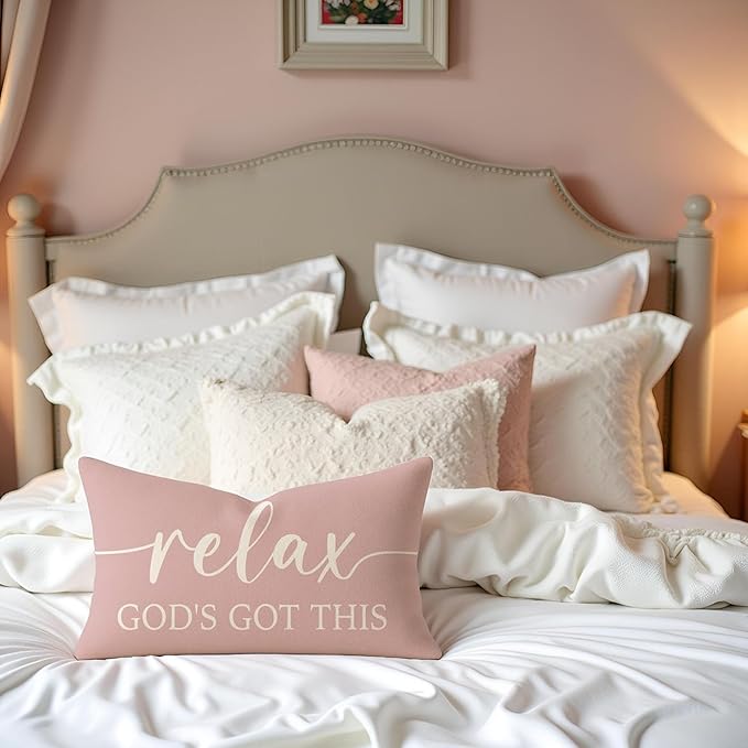Dusty Rose Pink Throw Pillow Covers 12x20 Inch Set of 2 – Christian Gifts for Mom or Daughter – Relax God’s Got This/Give It to God and Go to Sleep – Bedroom Faith Decor