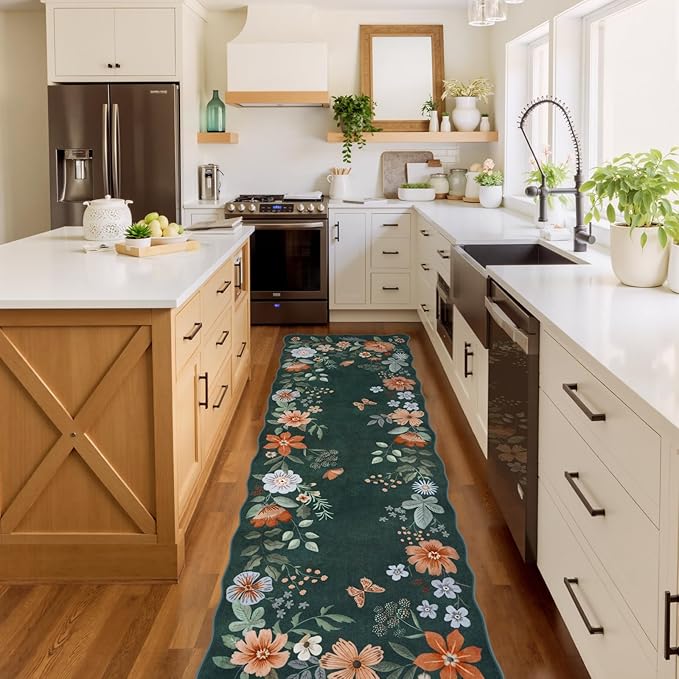 Lahome Floral Washable Runner Rug, 2'6''x8' Soft Hallway Runner Rug Non Slip, Boho Ultra-Thin Kitchen Runners for Hallways Carpet for Laundry Bedroom Bathroom Flore (Dark Green)