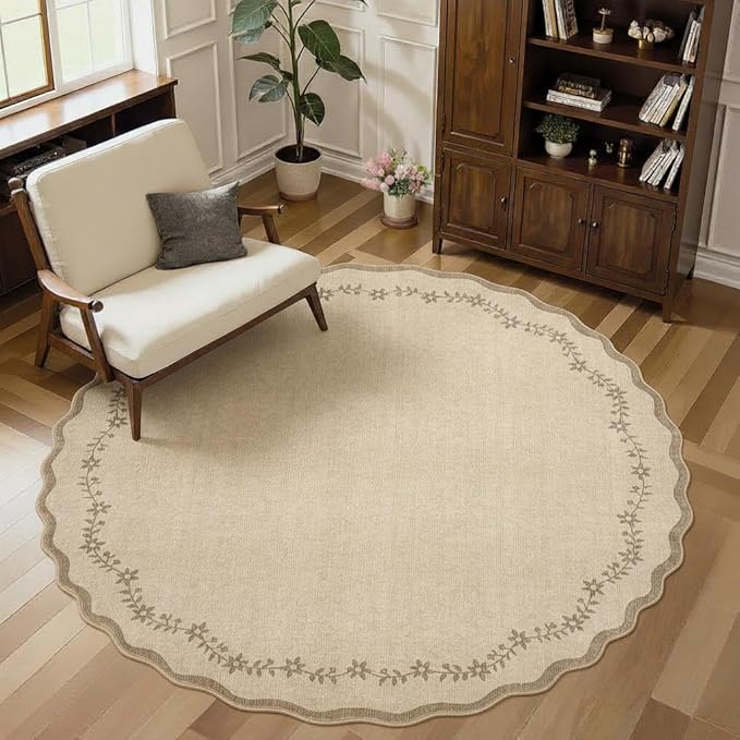 GarveeHome Round Area Rugs 5ft for Bedroom, Solid Jute Washable Circle Rug Soft Non Slip Floral Print Floor Mat Tan Carpet Indoor Thin Rug for Kids Room Dining Room Playroom Nursery