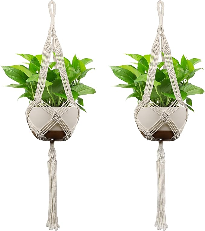 USLAI Macrame Plant Hanger Indoor Outdoor, Up to 4-12 inch Pot, Heavy 20lb Planters, Extra Long Strong Hanging Planter Basket Holder, Boho Home Decor, 42+42 Inch, Ivory (POTS NOT Included)