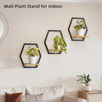 Modern Black Hexagon Wall Planters with Solid Wood Shelves Set of 3 Geometric Floating Wall Decor for Indoor Plants, Stylish Wall Mounted Display for Succulents & Small Plants
