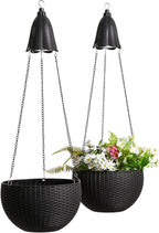 Glitzhome 30" H Hanging Planter with Solar Lights, Black Plastic Garden Planting Pot for Patio Front Porch Balcony or Inside Home, Set of 2