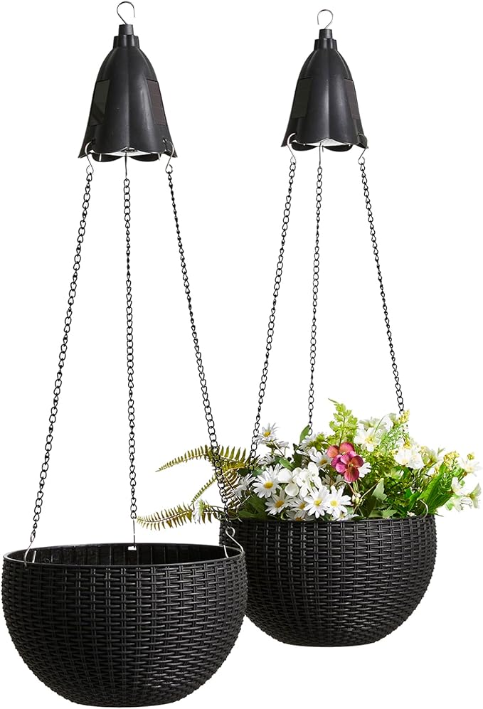 Glitzhome 30" H Hanging Planter with Solar Lights, Black Plastic Garden Planting Pot for Patio Front Porch Balcony or Inside Home, Set of 2