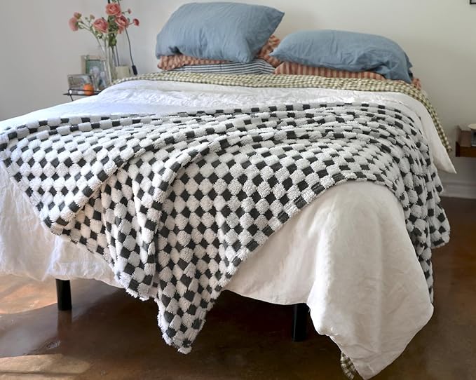WOLF CREEK BLANKET- Camel & White Fuzzy Fun 3D Checkered Throw Blanket – Ultra Soft Shaggy Fleece for Cozy Comfort. Beautiful Gift for Women with Style 50 x 65 inches.