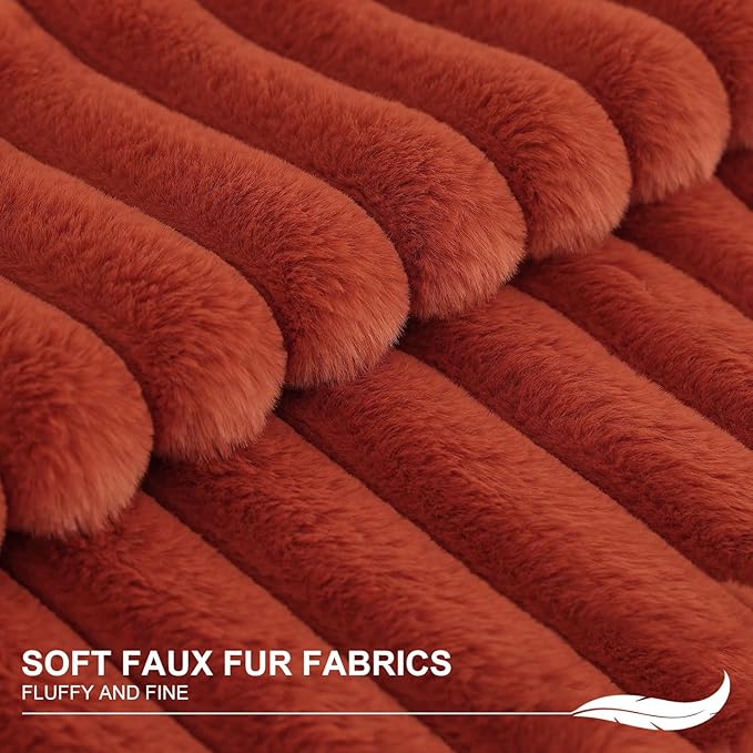 Pallene Faux Fur Plush Fall Throw Pillow Covers 24x24 Set of 2, Luxury Soft Fluffy Striped Decorative Pillow Covers for Sofa, Couch, Living Room, Rust