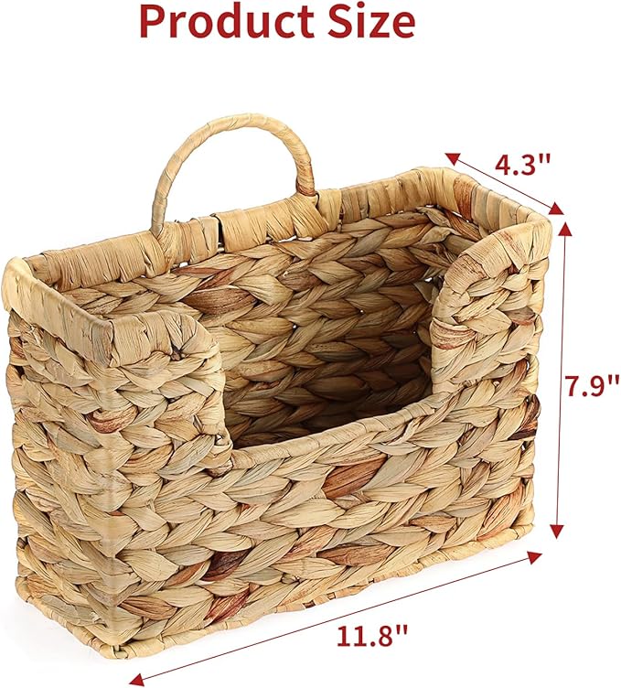 Woven Hanging Magazine Holder, Natural Water Hyacinth Wall Mounted Basket for Books, Files & Magazines, Organizer Rack with Handle (Water Hyacinth, 11.8″ x 4.3″ x 7.9″)