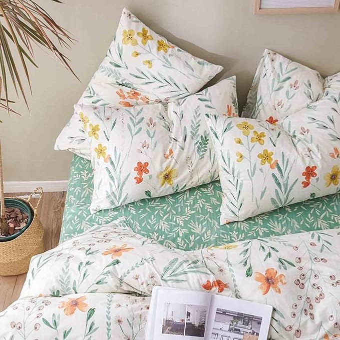 Nanko Floral Pillow Case Set (2 Pack), White Green Yellow Flower Leaf Spring Botanical Pattern Printed Farmhouse Soft Bedroom Decor Pillowcases/Pillow Shams - 20x30 inch Standard Queen Size