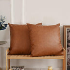 Tosewever Faux Leather Throw Pillow Covers, 18 x 18 inch Set of 2 Luxury Cognac Brown Modern Pillowcases Solid Decorative Square Cushion Cases for Bedroom Living Room Couch Bed Sofa (Brown, 18" x 18")