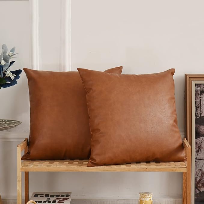 Tosewever Faux Leather Throw Pillow Covers, 18 x 18 inch Set of 2 Luxury Cognac Brown Modern Pillowcases Solid Decorative Square Cushion Cases for Bedroom Living Room Couch Bed Sofa (Brown, 18" x 18")