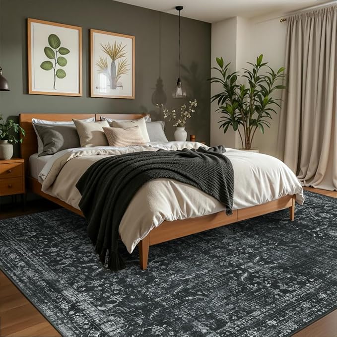 5x7 Area Rugs for Living Room Bedroom, Washable Rug, Black Vintage Floral Boho Rug, Non Slip & Low Pile Faux Wool Thin Carpet for Indoor Dining Room and Kids Room(Black 5x7ft)