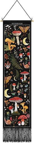 Tegeme Vintage Tapestry 52 x 13 Inch, Long Vertical Wall Hanging Reference Illustrative Botanical Tassel Tapestry for Bedroom Living Room Home Decoration(Mushroom)