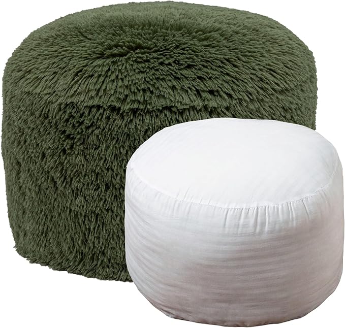 Stuffed Pouf Ottoman with High Density Foam Filler Plush Fiber Stool Foot Stool Storage Ottoman 20 * 12''Floor Pouf Foot Rest for Living Room (Green Pouf with Filler)
