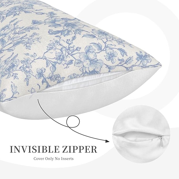 Baby Blue Pillow Covers 12x20 Inch Set of 2 Blue and Cream Floral Chinoiserie Throw Pillows Vintage Rustic Toile Flower Decorative Pillowcase Outdoor Lumbar Cushion Case for Couch Sofa Decor