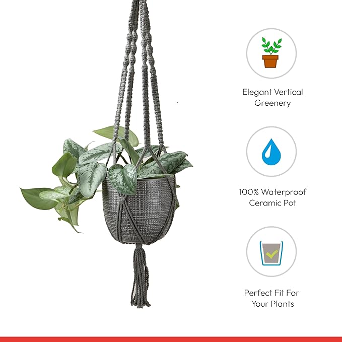 Scheurich Corteza Sky Vainilla Ceramic 6.1" Hanging Planter – with 35.4" Macramé Hanger - Waterproof - Boho Decorative Hanging Basket for Indoor Plants, Succulents&Flowers - Made in Germany - 0.7 gl