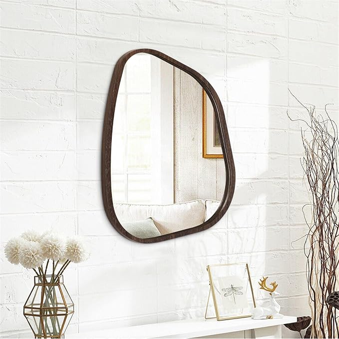 Irregular Asymmetrical Mirror Wall Mounted, Unique Vanity Mirror, Shaped Dressing Mirror Decorative for Living Room, Bathroom, Bedroom, Entryway Wall Decor Brown 20"x16"