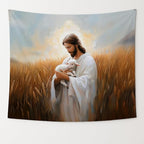 bitCNY Jesus Holding Lamb Tapestry – The Good Shepherd Christian Wall Decor, Religious Art for Faithful Homes, 50x60 Inch Soft Fabric