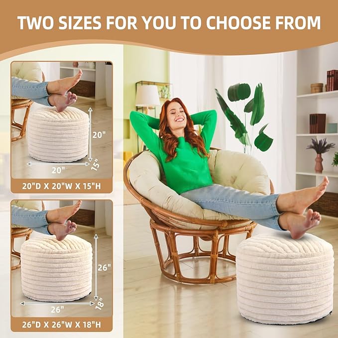 Round Stuffed Pouf Ottoman Foot Rest for Couch Round Ottoman with Foam Chunk Filling Stripe Faux Fur Ottomans for Living Room Floor (26"x18",Beige)