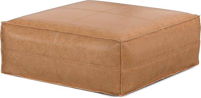 SIMPLIHOME Brody Extra Large Coffee Table Pouf - 36 inch Wide Upholstered Vegan Leather Square Ottoman in Distressed Brown, Boho Footstool, Coffee Table or Extra Seating for Living Room, Assembled