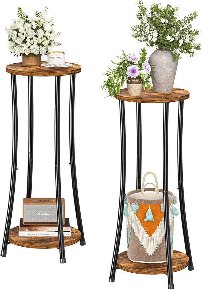 2-Pack Plant Stand Indoor Outdoor, 2-Tier Round Flower Pot Holder with Rustic Brown Finish, Corner Plant Shelf for Balcony, Garden, Patio or Living Room