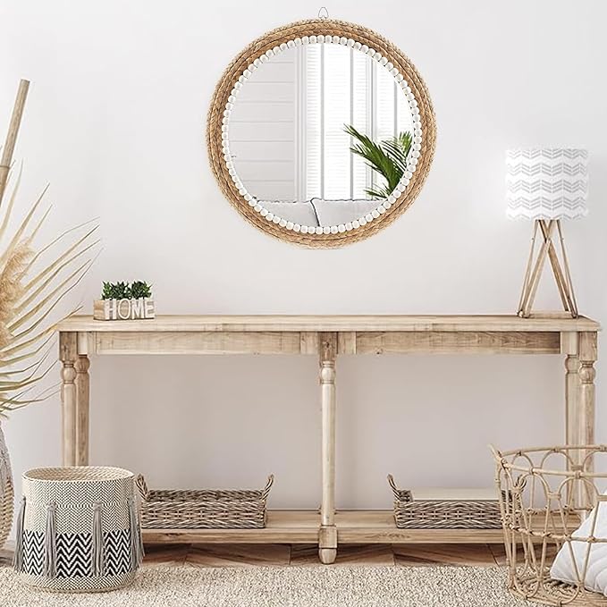 22 Inch Boho Style Decorative Mirror, Round Rattan Wall Hanging Mirror, Nature Rattan Woven Round Mirror, Makeup, Dressing Mirror, Suitable for Dressing Room, Living Room, Bedroom, Farmhouse