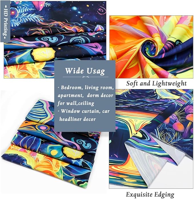 Yuiqear Blacklight Chakra Yoga Meditation Tapestry Mushroom Flower Wall Backdrop UV Reactive Mandala Tapestries Galaxy Space Jellyfish Tapestry Wall Hanging for Bedroom