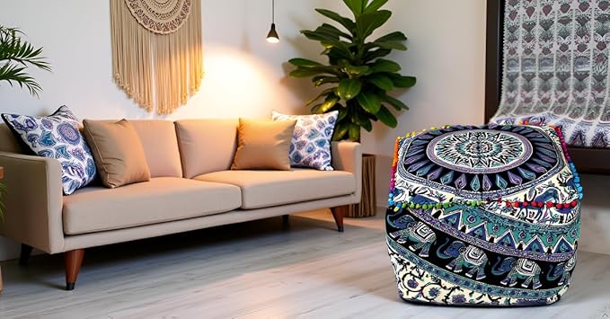 CRAFT KALA Indian Square Patchwork Traditional Pouf Cover Indian Living Room Poufs Cover Decorative Designer Ottoman Home Living Footstool Chair Ottoman Decor 16X16X14 inch, Green Deer Elephant