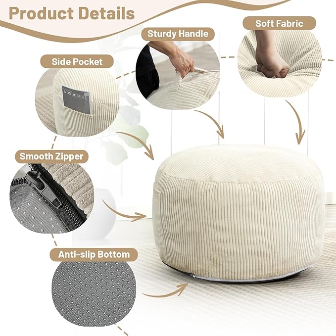 Round Stuffed Pouf Ottoman,Corduroy Foot Rest with Rebound Foam Filled, Furry and Fluffy Foot Stool Ottoman, Floor Poufs for Living Room (Beige, 20" D x 20" W x 15" H)