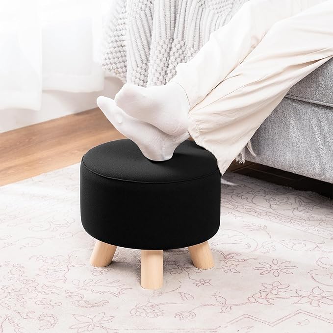 Asense Small Round Ottoman Foot Rest Stool Fabric Padded Seat Footstool Ottoman with Anti-Slip Wooden Legs (Black,Fabric)