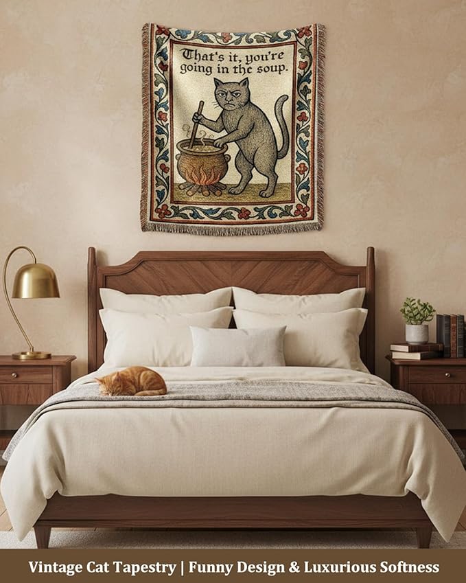 Weird Medieval Cat Woven Tapestry, Vintage Cat Themed Woven Sofa Blanket, Wall Hanging Art Handicrafts, Soft and Cozy Multipurpose Blanket, with Fringe Tassels, Home Decor for Cat Lovers