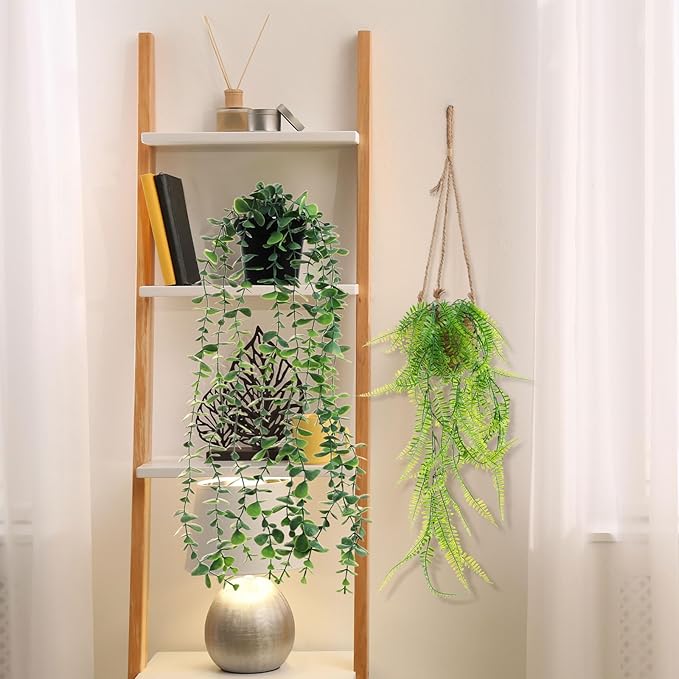 Giegxin Spring Mini Hanging Artificial Plant with Woven Basket Boho Fake Plants Ivy Faux Vines Eucalyptus Leaf for Indoor Home Wall Shelf Decor(6 Set,Green,Artificial Hanging Plants)