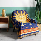 Erke Moon and Sun Throw Blanket Celestial Chair Recliner Cover Bed Spread Hippie Room Decor, Double Sided Cotton Woven Sofa Couch Furniture Aesthetic Witchy Throws - 50" X 70", Yellow/Blue