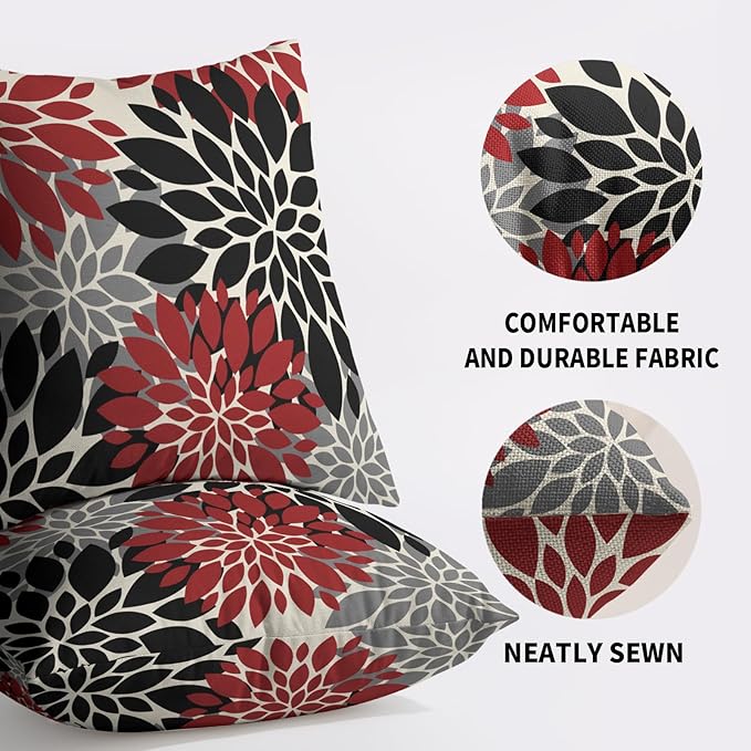 Black Red Pillow Covers 18X18 Inch Set of 2, Spring Summer Floral Dahlia Flower Cream Decorative Throw Pillow Covers Outdoor Modern Farmhouse Cushion Case for Home Couch Sofa Bed Decor