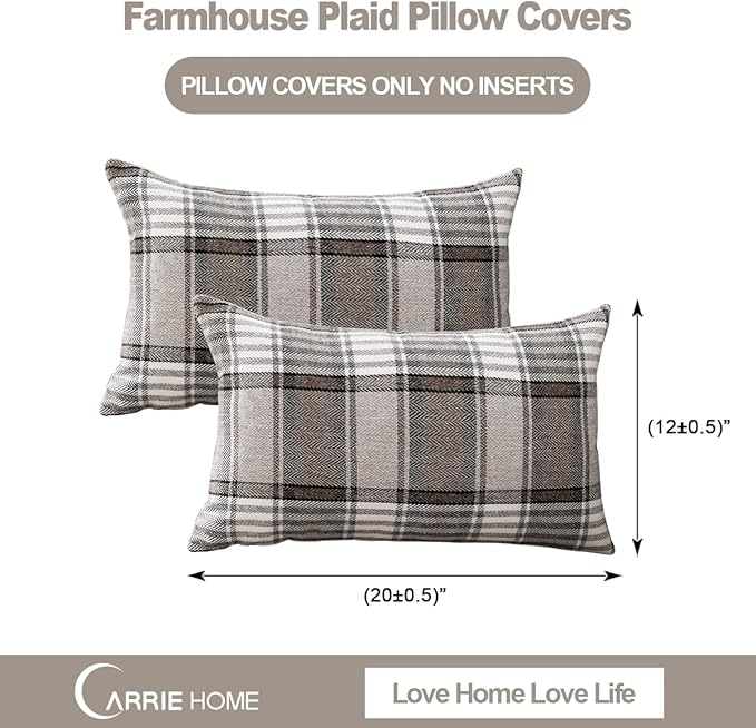 CARRIE HOME Brown Tartan Plaid Lumbar Pillow Cover 12x20 Set of 2 Farmhouse Buffalo Plaid Brown Striped Lumbar Throw Pillow Cover for Living Room Couch Sofa