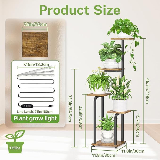 iDavosic.ly Tall Plant Stand Indoor with Grow Light, 4 Tier Corner Multiple Flower Holder Shelf with Wooden Trays, Space Saving Display Rack for Living Room Balcony Patio Porch | Black & Brown