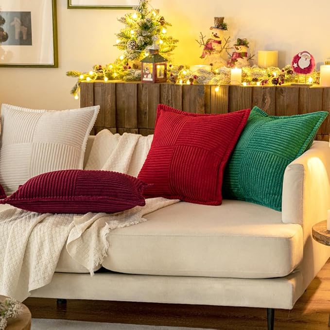 MIULEE Decorative Euro Sham Throw Pillow Covers for Couch Bed Livingroom 26x26 Inch Set of 2 Red Boho Accent Throw Pllows Broadside Striped Patchwork Soft Corduroy Pillowcases