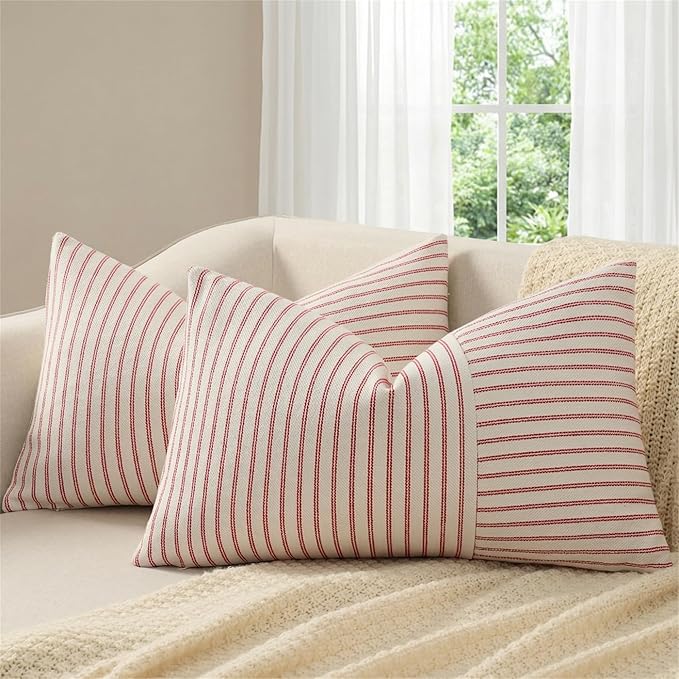 YCOLL Christmas Pillow Covers 12x20, Modern Accent Lumbar Throw Pillow Covers Set of 2, Red and Beige Striped Patchwork Linen Decorative Pillows Cushion Covers Christmas Decorations
