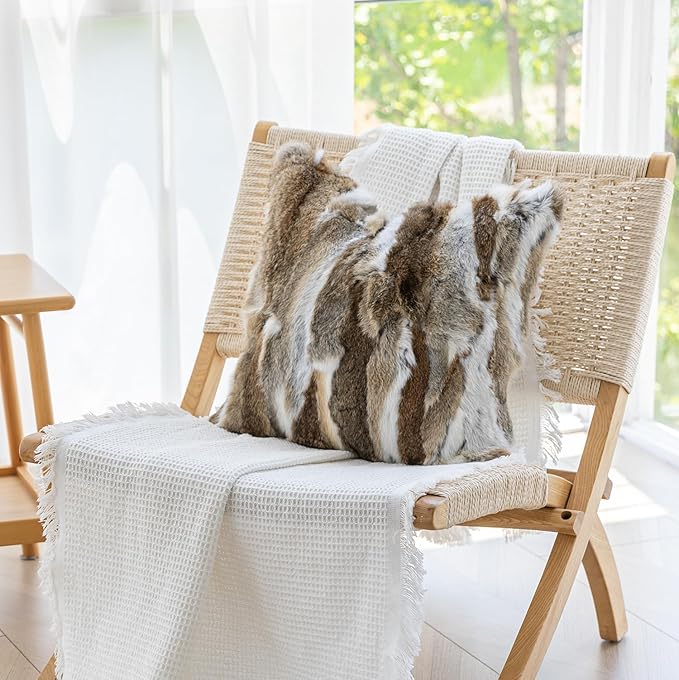 MOOX Rabbit Fur Throw Pillow Covers Decorative Fluffy Soft Fuzzy Plush Luxury Genuine Animal Skin Lumbar Pillow 18"x18" Cushion Cover, Couch-Yellow White