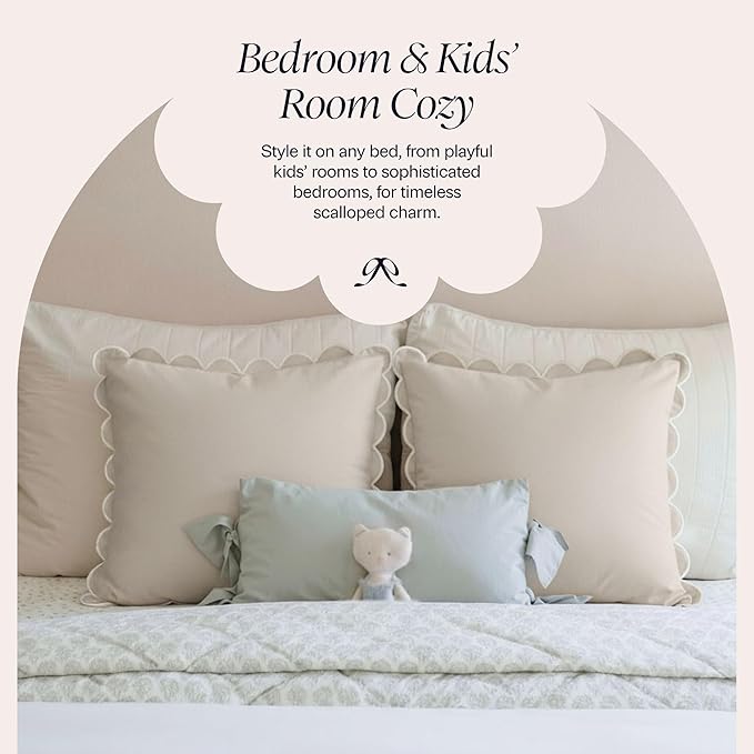 BEBE BASK Scalloped Pillow Cover - Set of 2 - 18 x 18 Inch - Scallop Pillow Cover Natural/White/Beige - 100% Cotton - Grandmillennial Style
