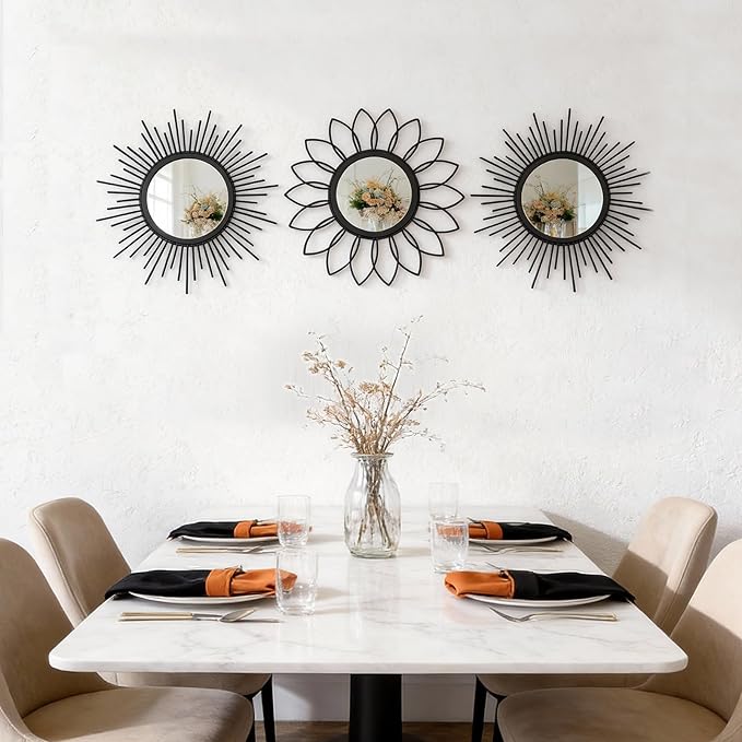 Set of 3 Black Metal Sunburst Wall Mirrors - 12" Round Decorative Art for Living Room Bedroom Bathroom Entryway, No Assembly Required, Rust Resistant Design