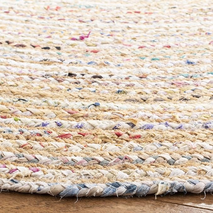 SAFAVIEH Area Rug 7' Round - Cape Cod Collection - Beige & Multi, Handmade Jute & Cotton, Woven Braided Design (CAP202B)