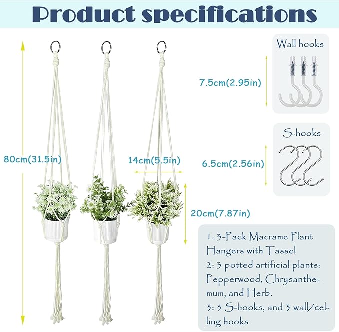 3 Pack Artificial Hanging Plants Indoor with Macrame Hangers – Fake Hanging Plants Set with Handmade Boho Plant Hangers & Hooks for Home, Kitchen, Office Décor