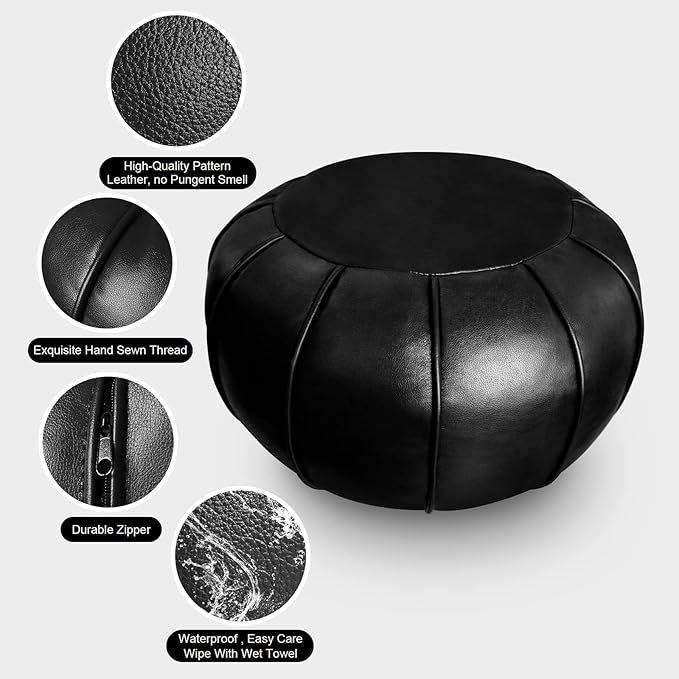 Louis Donné Unstuffed Moroccan Ottoman Pouf Cover, Foot Stool/Ottoman Foot Rest Replacement Cover, Balcony & Indoor Use, 21dia Black (ONLY Cover)