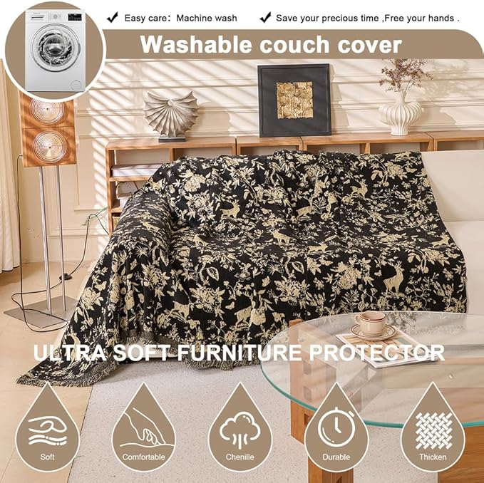 ROOMLIFE Black Sofa Cover, Vintage Boho Couch Cover for 3 Cushion Sofa, Non Slip Soft Chenille Sofa Slipcovers for Dog, Washable Furniture Sofa Protector Cover with Tassel for Living Room, 71''X118”