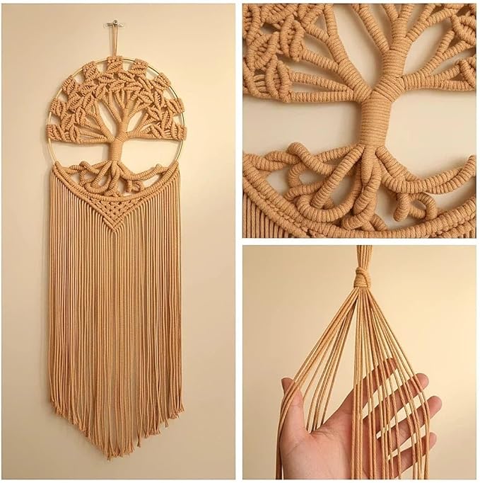 Sylfaen Tree of Life Macrame Wall Hanging - Boho Handmade Woven Tapestry - Dream Catcher Wall Decor Art Living Room - Macrame Tapestry Boho Decor for Bedroom (LightBrown)