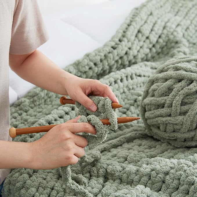 Amélie Home Chunky Knit Throw Blanket for Couch, Soft Chenille Crochet Blanket, 60"x80", Sage Green