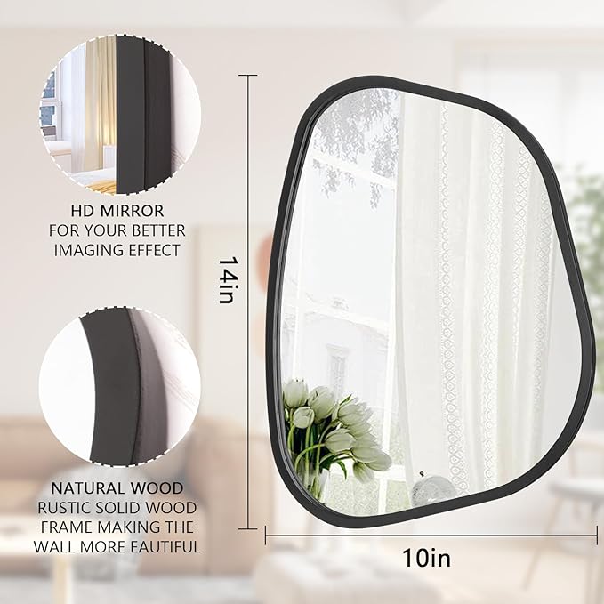 Asymmetrical Mirror for Wall Irregular Oval Wood Frame Modern Unique Accent Wall Mirror Decorative Vanity Bathroom Living Room Bedroom Entryway Hallway Artistic Wavy Mirror Small 14"x10"